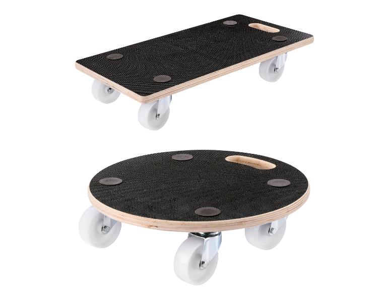 Twee verrijdbare platen: één rechthoekig en één rond, beide met wielen en antislipoppervlak.