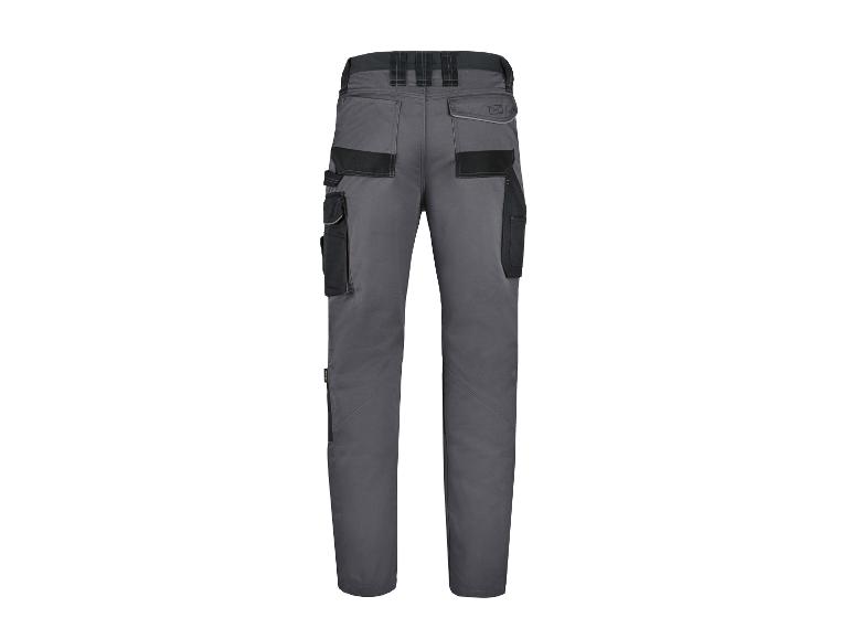 Grijze werkbroek voor heren met zwarte verstevigde zakken, achteraanzicht.