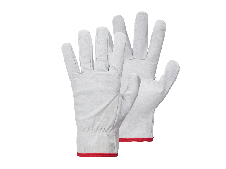 Een paar witte leren handschoenen met een rode rand.