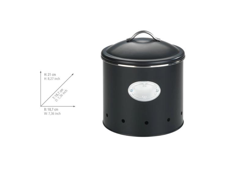 Zwarte metalen container met deksel en afmetingen.