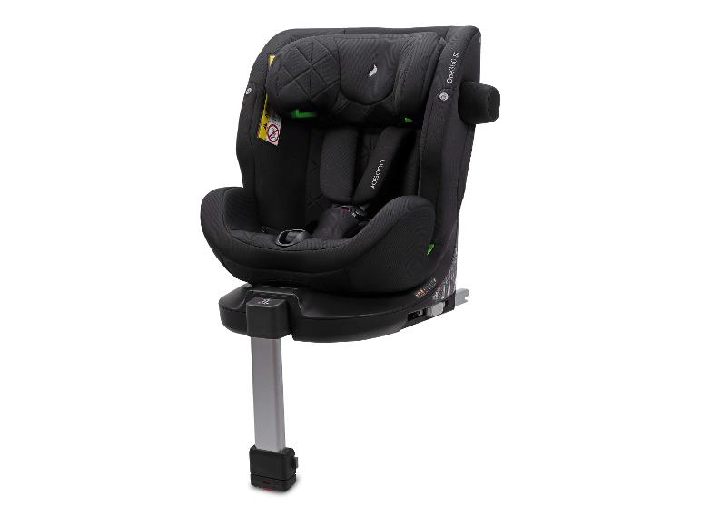 Zwart kinderautostoeltje met draaibare basis en steunpoot