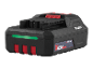 20 V 2.0 Ah accu met groene laadindicator en rode accenten.