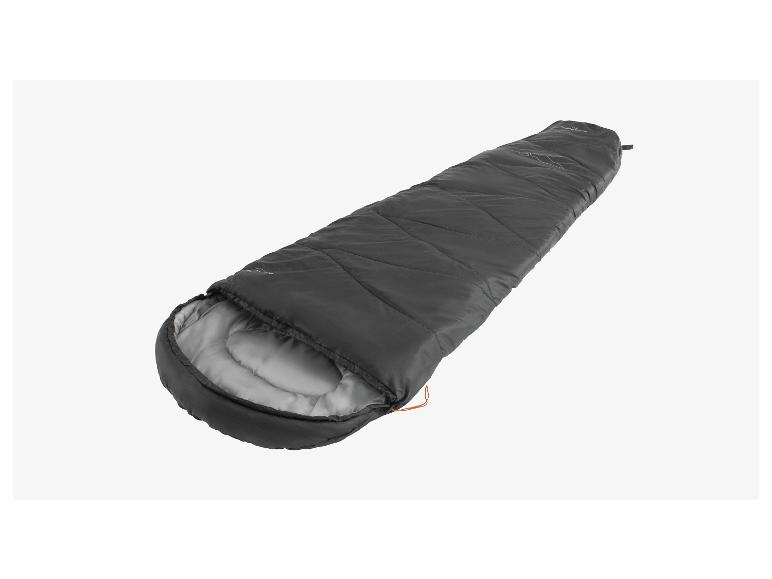Een grijze slaapzak met een oranje trekkoord.