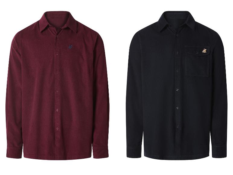 Twee heren corduroy overhemden in bordeaux en zwart.