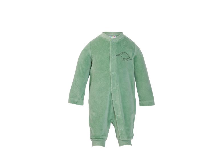 Groene fluwelen baby romper met dinosaurusmotief en knoopsluiting aan de voorkant
