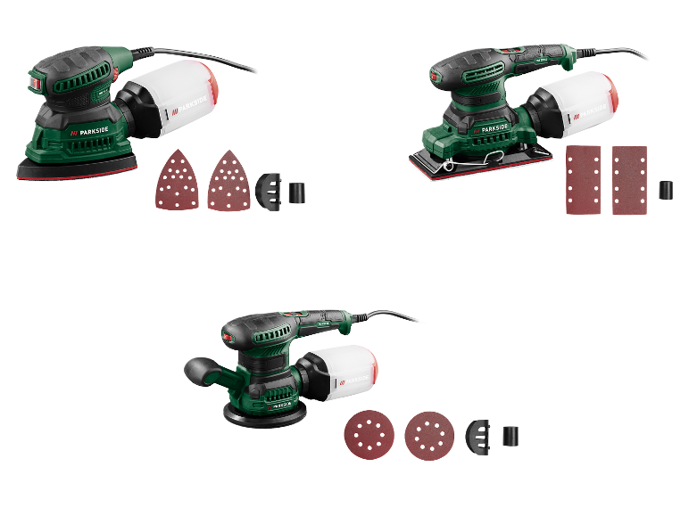 Drie Parkside detaillschuurmachines met accessoires.