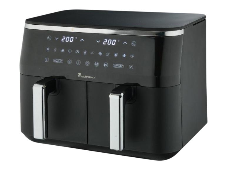 Zwarte dubbele airfryer met digitaal display en temperatuurinstellingen