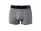 Grijze boxershort met zwarte elastische tailleband en witte tekst.
