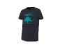 Donkerblauw T-shirt met palmboomprint en turquoise tekst 'PALMS & OCEAN BREEZE'.