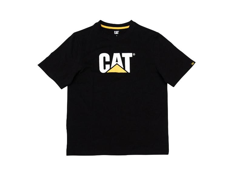 Zwart T-shirt met een grote witte opdruk en een gele driehoek aan de voorkant.