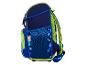 Donkerblauwe schooltas met groene en blauwe accenten, zijaanzicht.