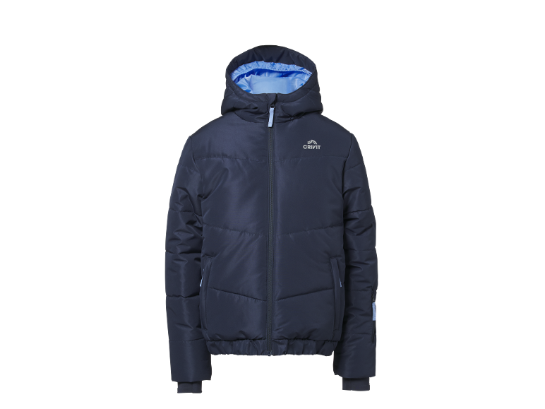 Donkerblauwe gewatteerde jas voor kinderen met capuchon en blauwe binnenvoering.
