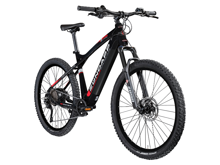 Zündapp elektrische mountainbike, zwart met rode details.