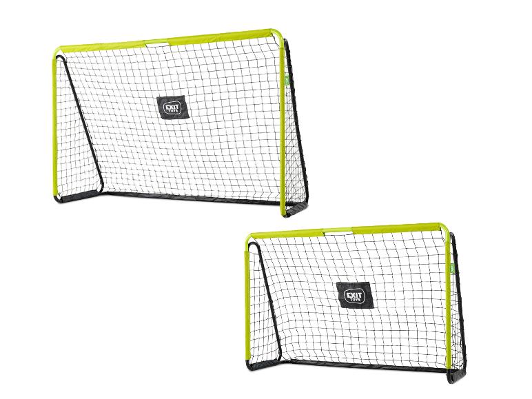 Twee EXIT Toys voetbaldoelen met zwarte netten en limoengroene frames.