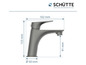 Een grijze wastafelkraan van Schütte met afmetingen.