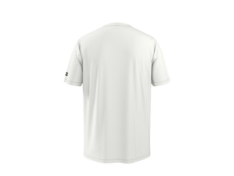 Wit T-shirt met korte mouwen en een klein zwart detail op de linkermouw, achteraanzicht.