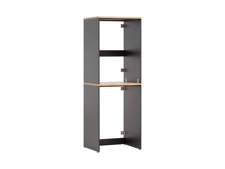Modulaire hoge kast in grijs en houtkleur met open deuren