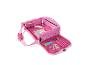 Roze kinderautostoelorganizer met stiften en stickers.