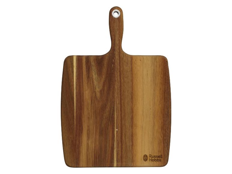 Een houten snijplank met handvat van Russell Hobbs.