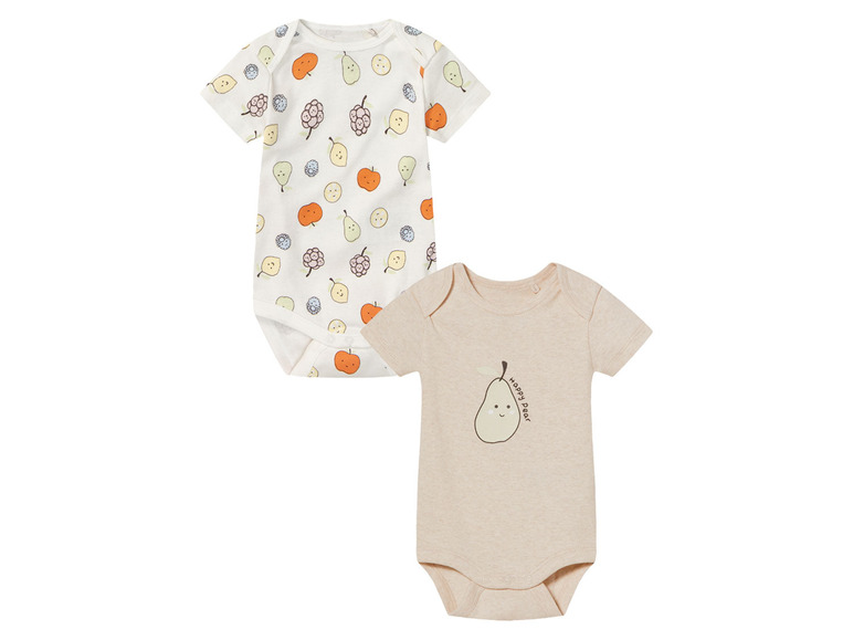 Twee baby rompertjes, één met fruit print en één met een peer die 'Happy Pear' zegt.