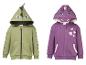 Twee kinderhoodies: een groene dinosaurus hoodie en een paarse eenhoorn hoodie.