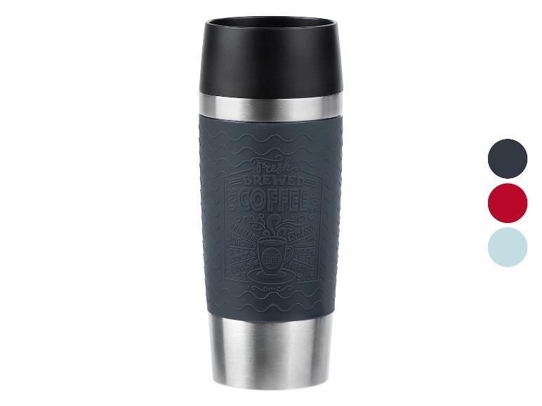 Donkergrijze reismok met koffiethema en de tekst 'Freshly Brewed Coffee'.