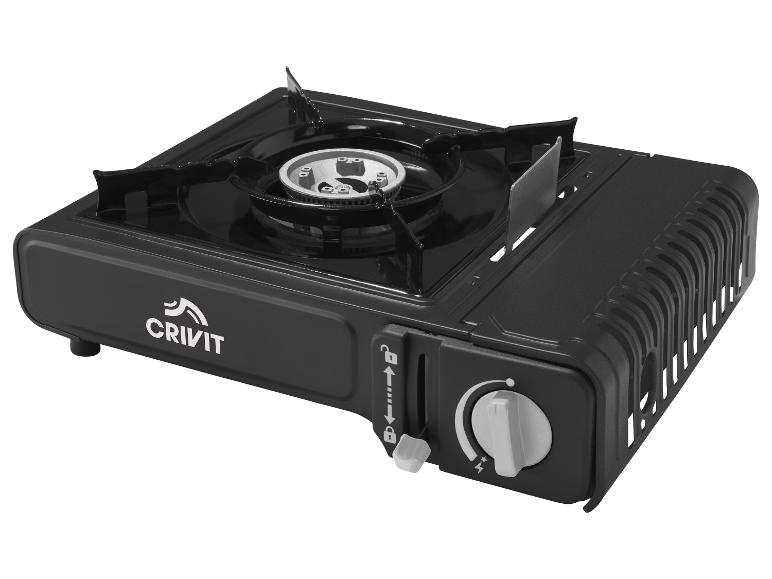 Zwart draagbaar gasfornuis met één brander en bedieningsknop