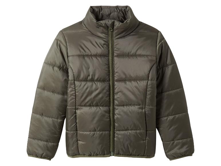 Een donker olijfgroen gewatteerd jack met rits.