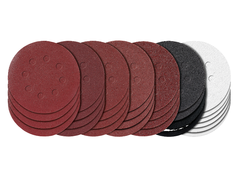 Assortiment schuurpapier schijven in verschillende korrelgroottes en kleuren.