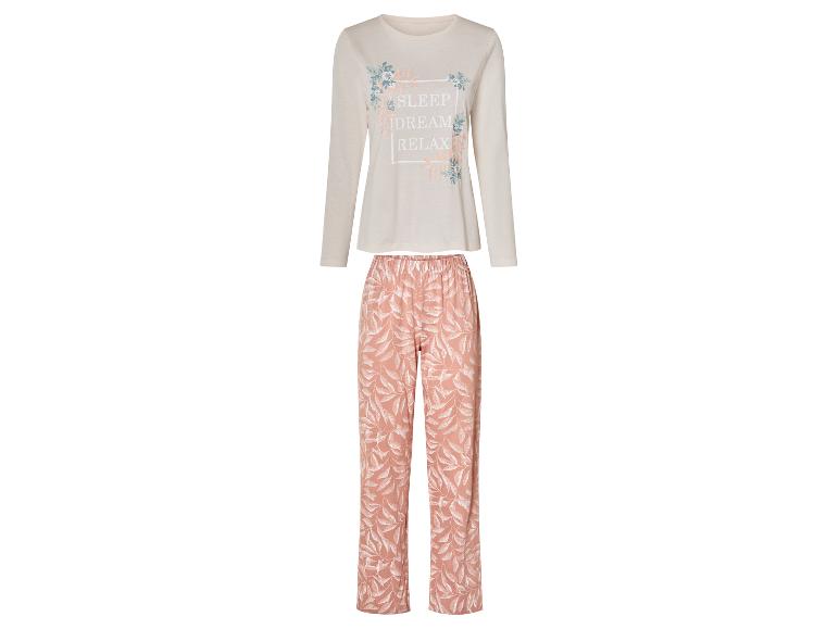 Dames pyjama met lange mouwen en roze broek met bladerenprint.