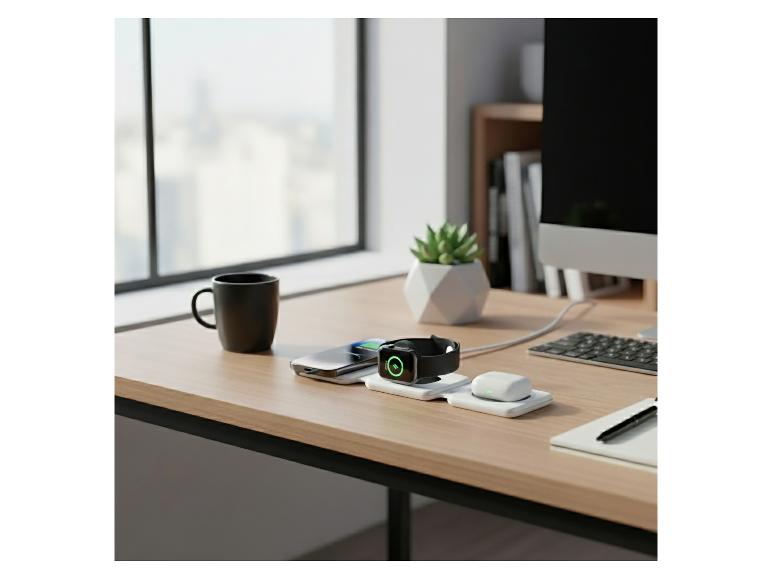 3-in-1 draadloze oplader met telefoon, smartwatch en oordopjes op een bureau.