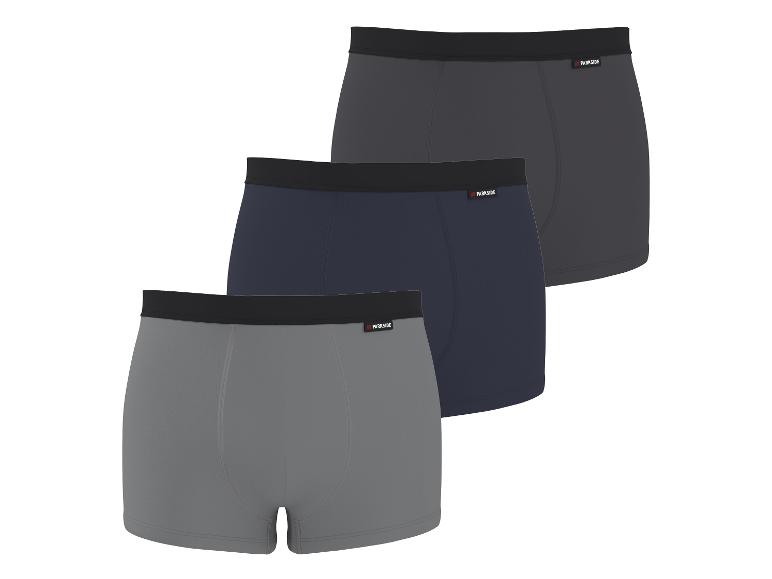 Drie heren katoenen boxershorts in donkergrijs, marineblauw en lichtgrijs.