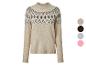 Beige gebreide trui met Fair Isle-patroon, met kleurenpalet ernaast.