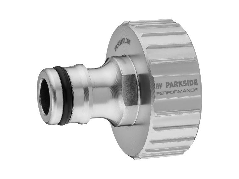 Zilveren Parkside Performance slangkoppeling met zwarte afdichting.