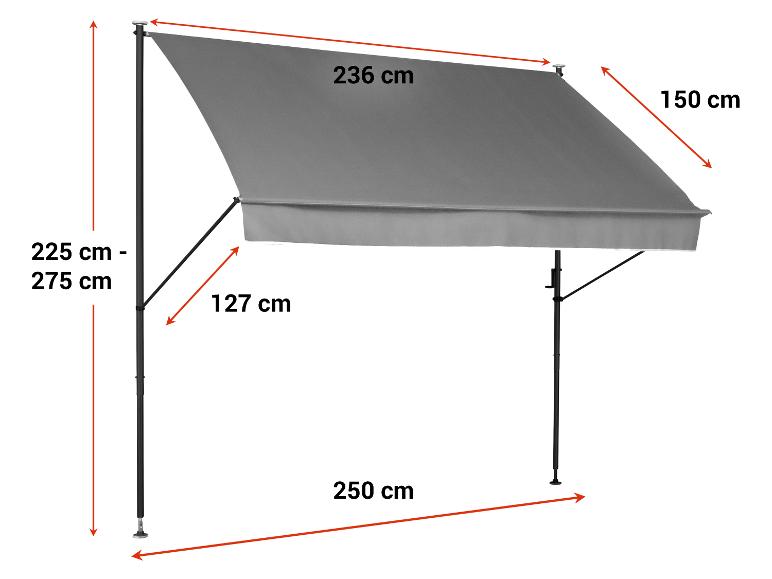 Grijze luifel met afmetingen: 236 cm breed, 150 cm diep, 225-275 cm hoog, 127 cm armlengte, 250 cm tussen palen.