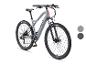 Grijze elektrische mountainbike met zwarte banden en onderdelen, schuin afgebeeld.