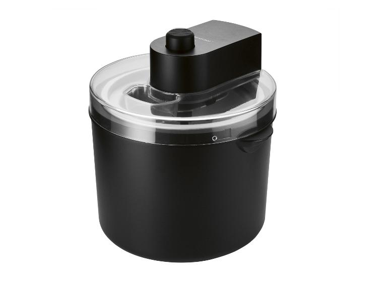 Zwarte ijsmachine met transparant deksel en zwarte motor.