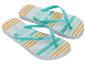 Dames teenslippers met witte, turquoise en oranje strepen, met turquoise bandjes.