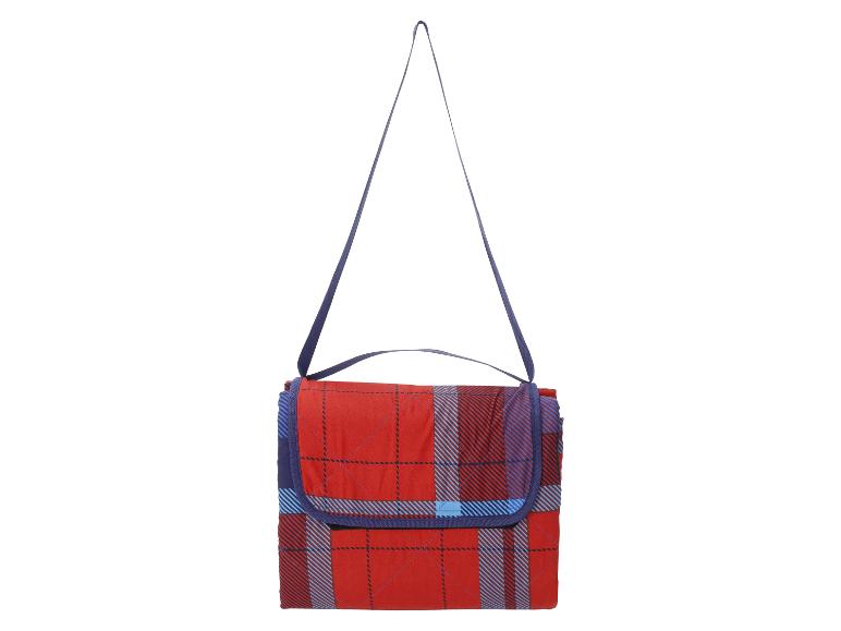 Rood geruite picknickdeken met blauwe strepen en schouderband.