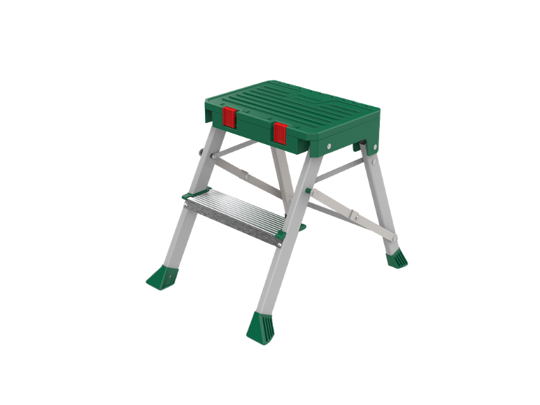 Groene en zilveren opvouwbare opstap met één trede.