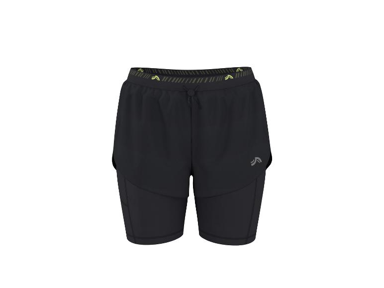 Zwarte 2-in-1 sportshorts voor heren met groene details op de tailleband.