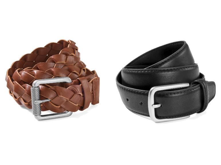 Twee leren riemen, een gevlochten bruine en een zwarte met gesp.