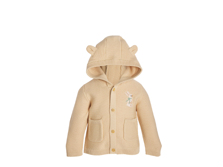 Beige gebreid babyvest met capuchon, oren en konijnenborduurwerk.