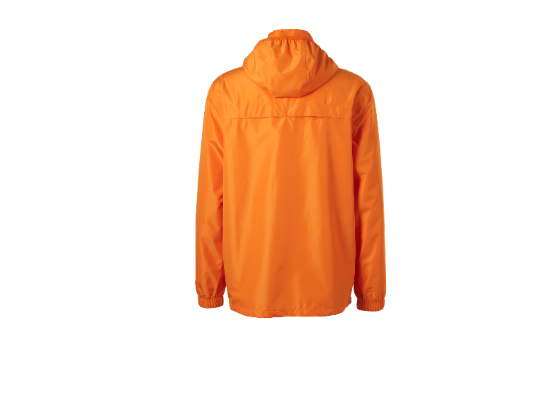 Oranje jas met capuchon, achterkant.