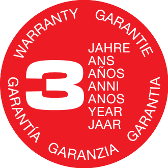 Rood 3-jaars garantie zegel in meerdere talen.
