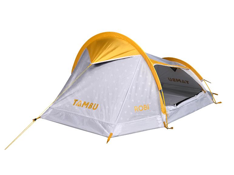 Tambu Robi tent: compact geel en grijs model voor kamperen.