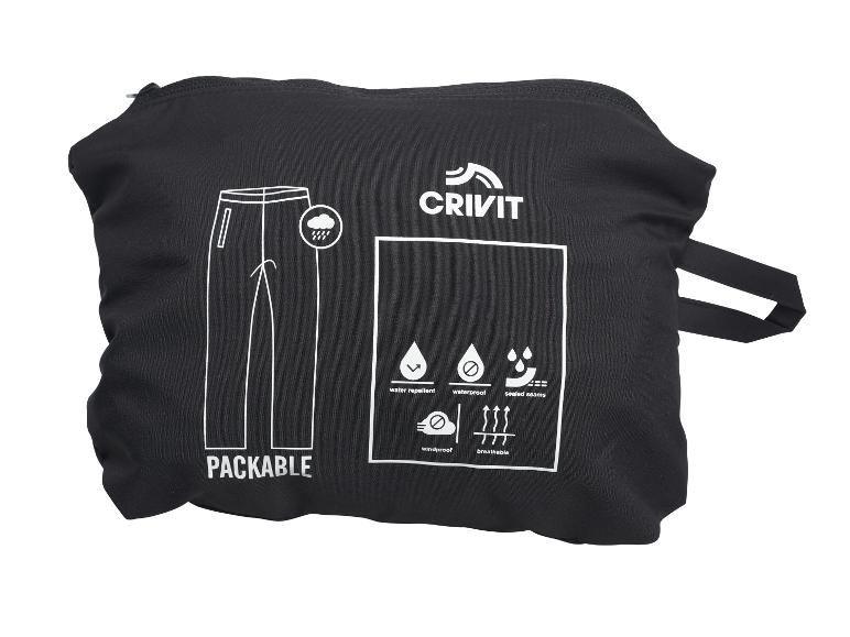 Zwart zakje met witte iconen voor opvouwbare broek, waterafstotend, waterdicht, gesealde naden, winddicht en ademend.