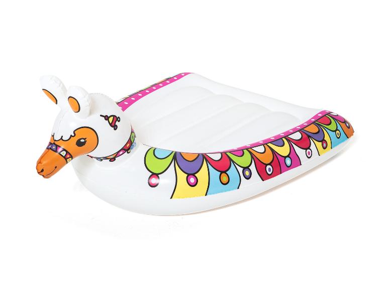 Opblaasbaar lama-vlot voor kinderen, met kleurrijke ontwerpen.