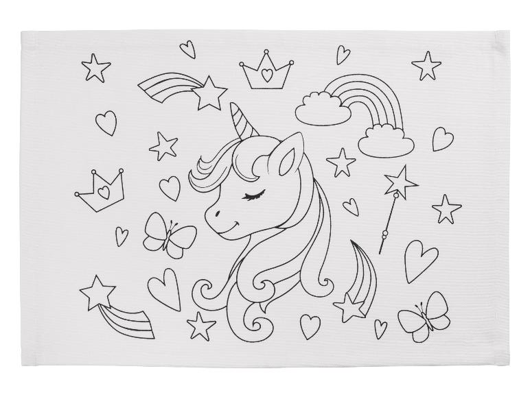 Een wit canvas met een tekening van een eenhoorn, sterren, regenbogen en vlinders.