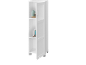 Witte badkamerkast met open plank waarop toiletartikelen en decoratie staan.